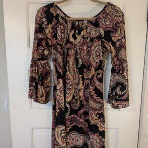 Black Pink Paisley Short Dress Flared Sleeves Size S Retro Vibe